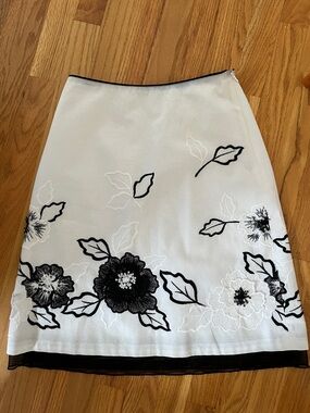 White A-Line Skirt with Black Floral Embroidery